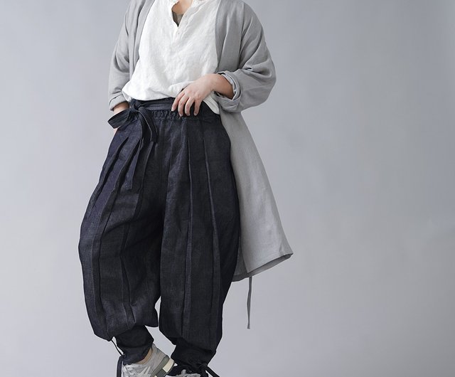 wafu --Pure flax ox long trousers Linen Denim Unisex Ninja