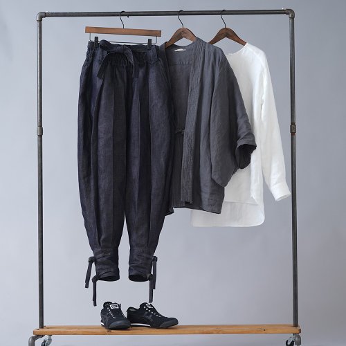 wafu --Pure flax ox long trousers Linen Denim Unisex Ninja