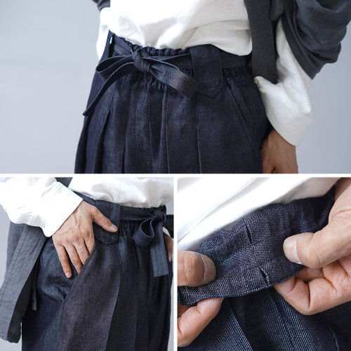 wafu --Pure flax ox long trousers Linen Denim Unisex Ninja