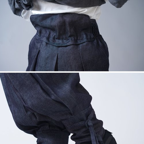 wafu --Pure flax ox long trousers Linen Denim Unisex Ninja