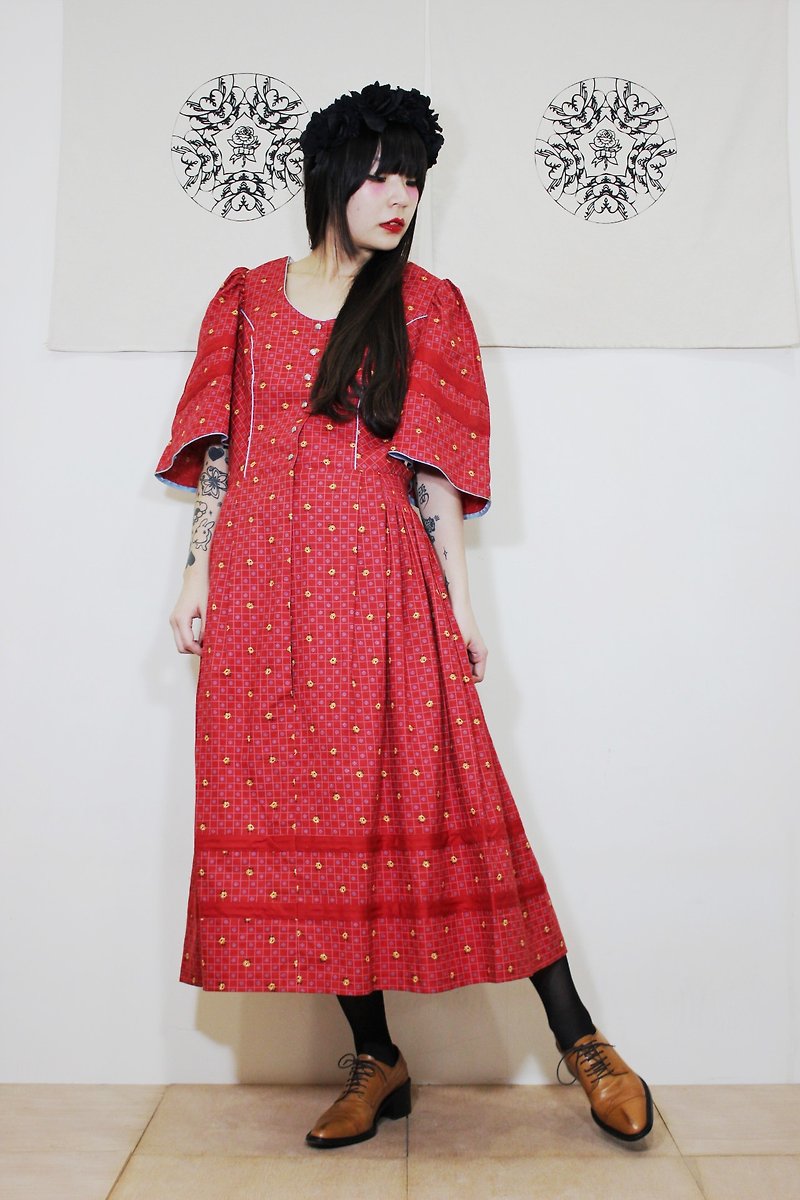 F2001 Austrian Traditional Costume Vintage Red Checked Cotton Small Floral Vintage Dress (Wedding / Picnic / Party) - One Piece Dresses - Cotton & Hemp Red