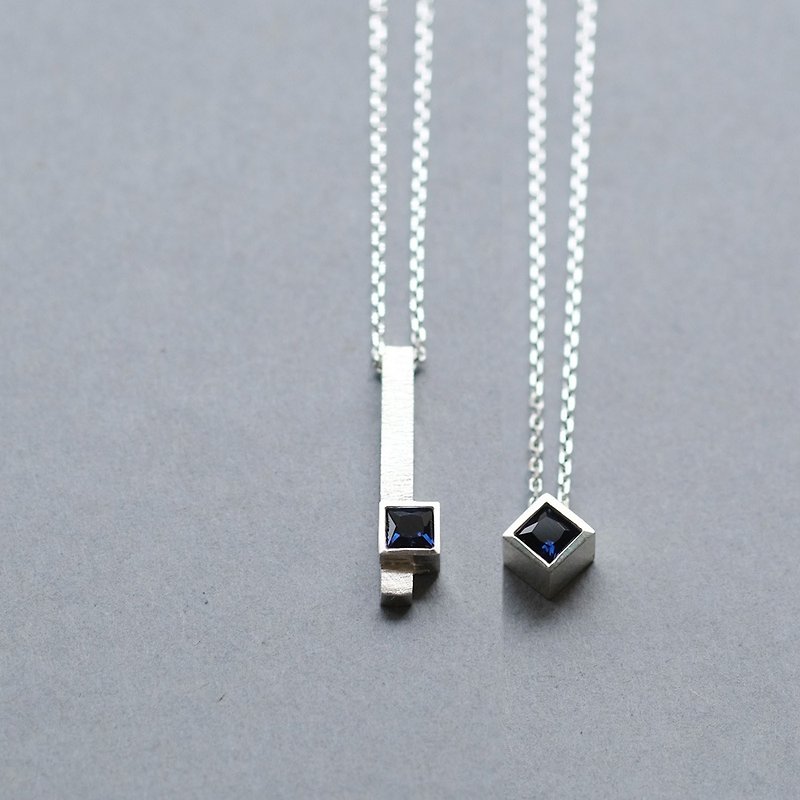 2-piece set) Sapphire square pair necklace , Silver 925 - สร้อยคอ - โลหะ สีน้ำเงิน