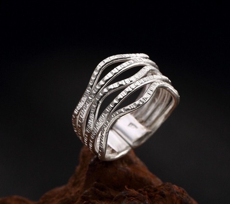 Real 925 Sterling Silver Women Handmade Wave Stripe Finger Rings Ethnic Vintage - General Rings - Sterling Silver Silver