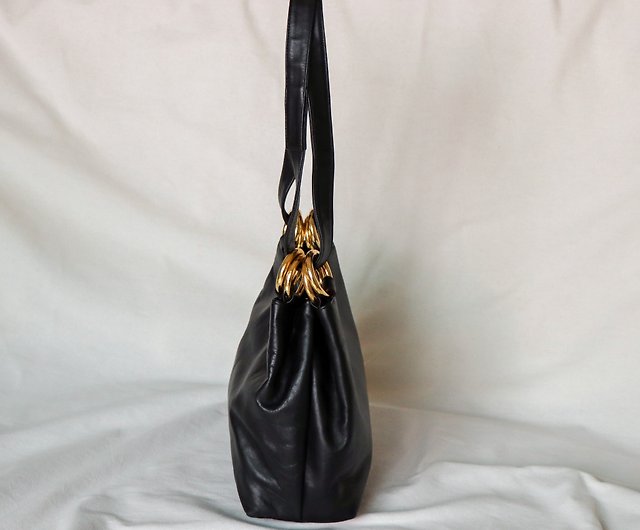 Vintage】Bally Black Leather Double Gold Ring Shoulder Bag - Shop