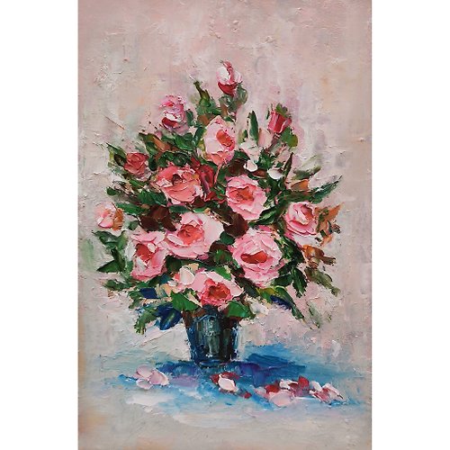 ColoredCatsArt Pink Roses Floral Bouquet Original Painting, Flower Artwork, Small Wall Art