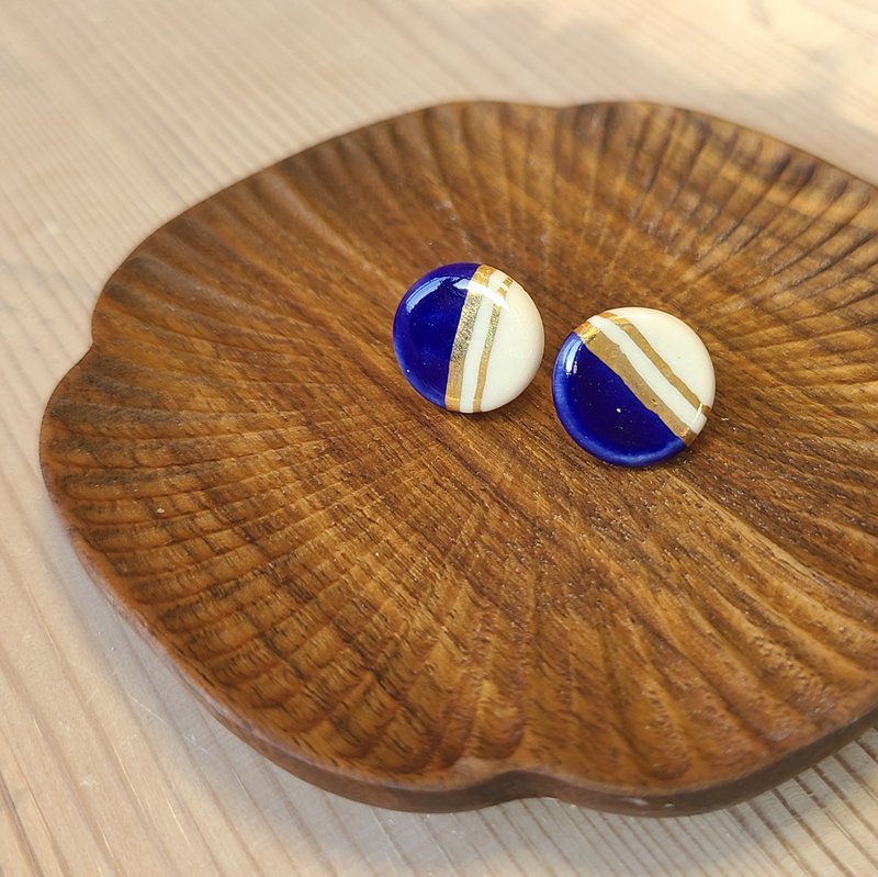 24K Pure Gilt Blue Glaze Earrings No.3 (Large Round) - ต่างหู - เครื่องลายคราม สีน้ำเงิน