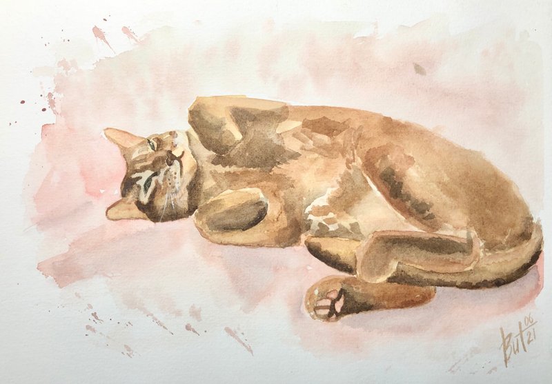 Cat Painting Animal Original Artwork Watercolor Pet Portrait Red Cat Wall Art - 海報/掛畫/掛布 - 紙 粉紅色