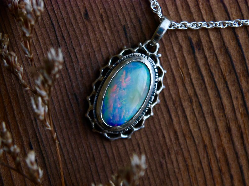Australian Opal Sterling Silver Necklace - Vintage Touch Pack with Psychedelic Light - Necklaces - Gemstone Multicolor