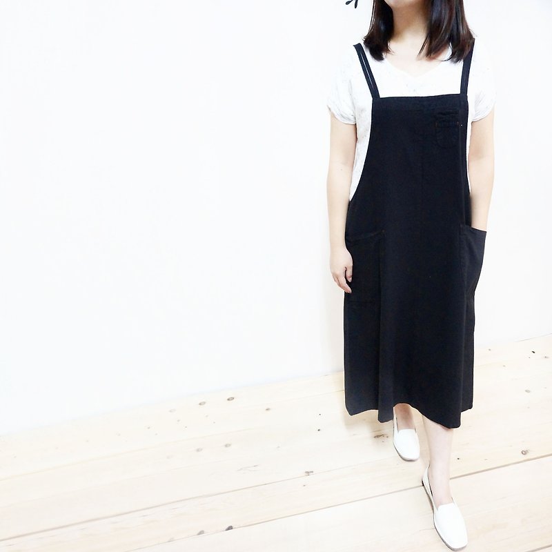 Cotton double pocket one-piece dress / black - One Piece Dresses - Cotton & Hemp Black