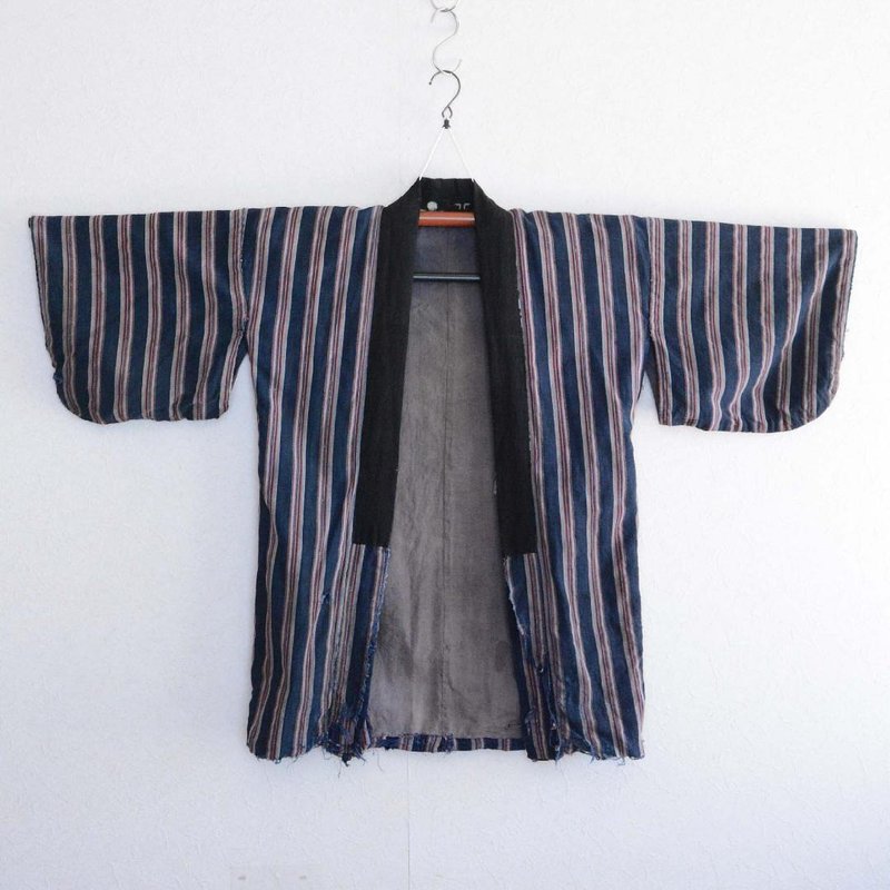 和服外套農夫工作服靛藍染棉和服條紋圖案日本復古翻拍材質 - 女大衣/外套 - 棉．麻 藍色