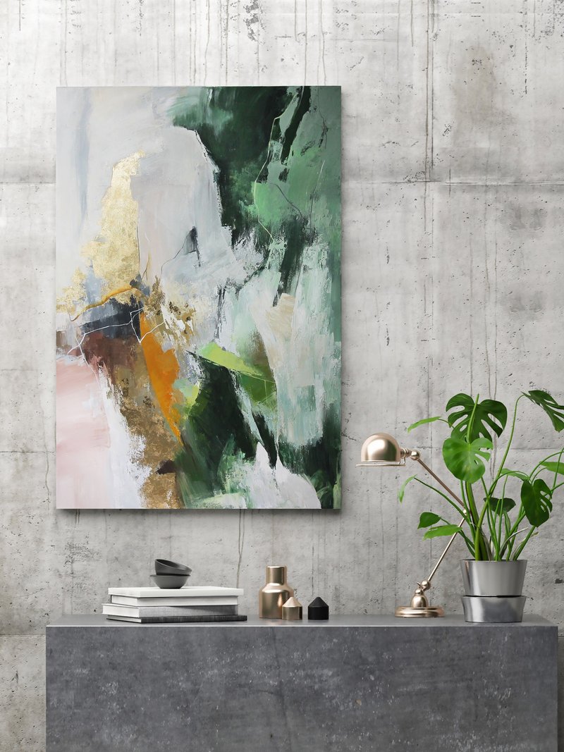 Green Silver Painting |  Green Silver Abstract | Green Wall Art | Green Glory - 壁貼/牆壁裝飾 - 棉．麻 綠色