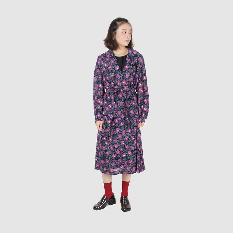 [Egg plant vintage] Platycodon grandiflorum flower drop print short-sleeved vintage dress suit - One Piece Dresses - Polyester Purple