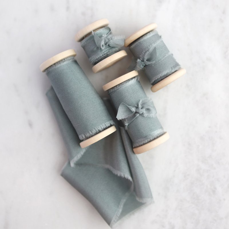 Eucalyptus Silk Ribbon / Hand Dyed Silk ribbon on Wood Spool - 包裝材料/包裝紙 - 絲．絹 綠色