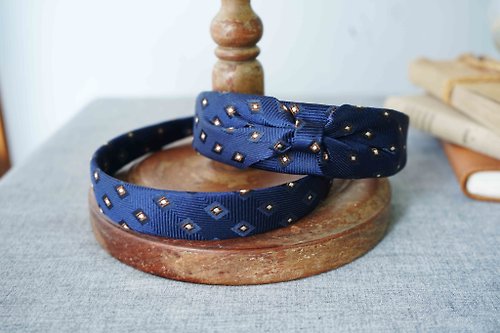 Papas Bow Tie 古董領帶改製手工髮箍-Celine-星空藍-蝴蝶結/窄版