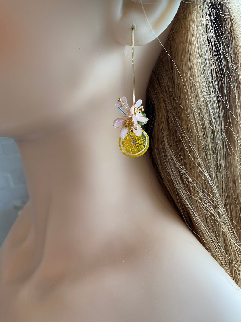 美國銅線花檸檬片、耳鈎 - 耳環/耳夾/耳骨夾 - 樹脂 黃色