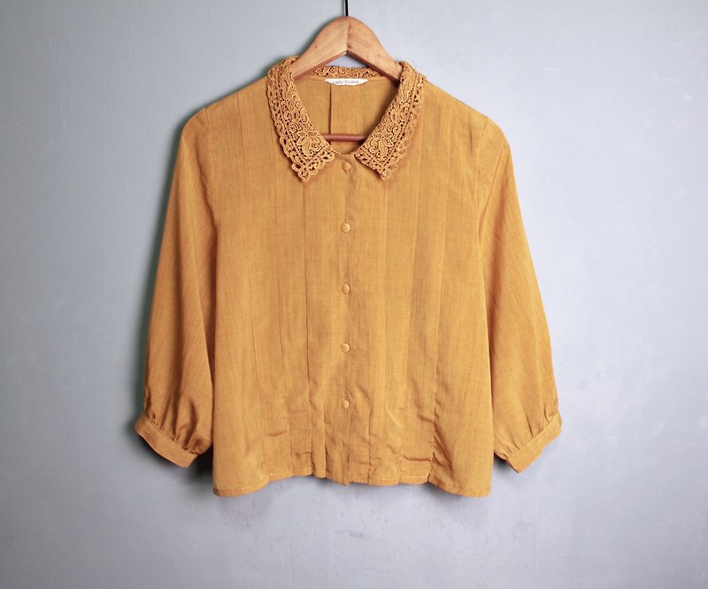 FOAK vintage retro mustard lace collar shirt - Women's Shirts - Other Materials 