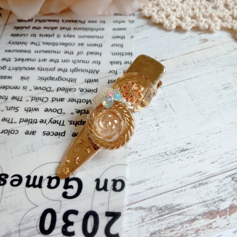 wow Button Handmade-金邊玫瑰花手作鈕扣 壓夾 髮夾 髮飾 - 髮圈/髮夾 - 其他材質 