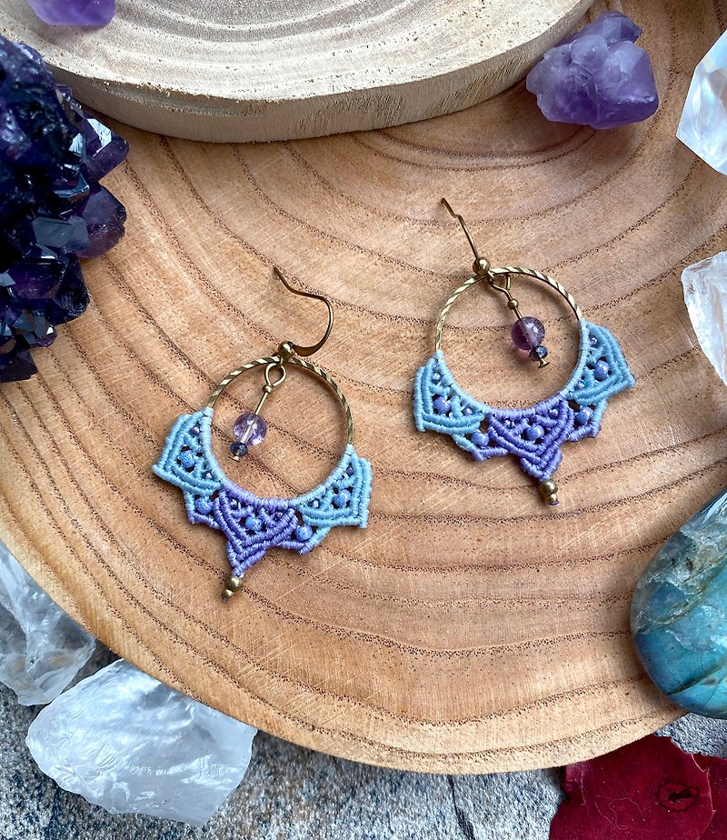 E055-Ethnic style wax thread woven purple ghost crystal Japanese bead earrings (ear hook / ear clip) - Earrings & Clip-ons - Polyester Purple