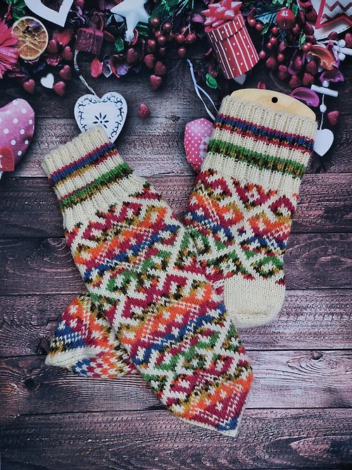 Knitted socks mittens Women's Handmade Wool Socks with a Multicolored Pattern