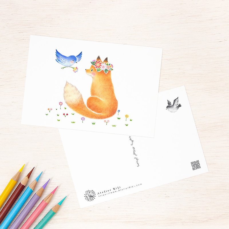 Set of 5 pieces. Like a picture book. Postcard "Friendly Fox and Little Bird" PC-397 - การ์ด/โปสการ์ด - กระดาษ สีเหลือง