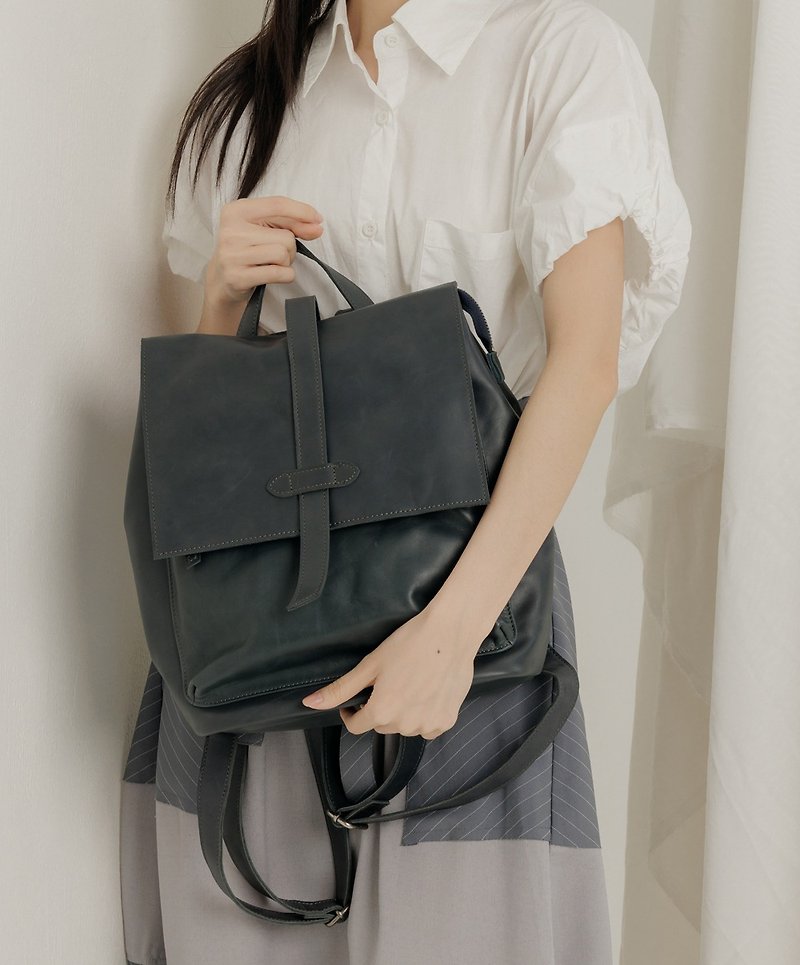 supportingrole medium-sized simple multi-layered square leather backpack blue - กระเป๋าเป้สะพายหลัง - หนังแท้ สีน้ำเงิน