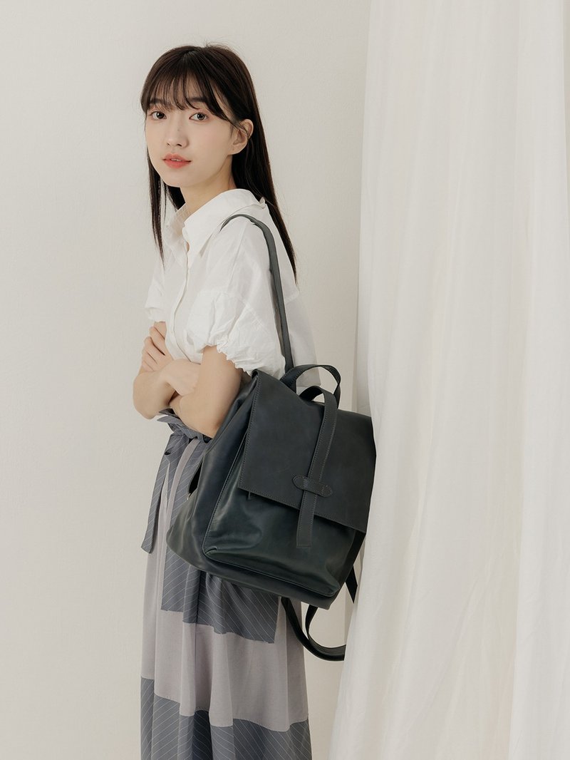 supportingrole 中型率性簡單多分層方形真皮後背包 藍 - 後背包/背包/書包 - 真皮 藍色