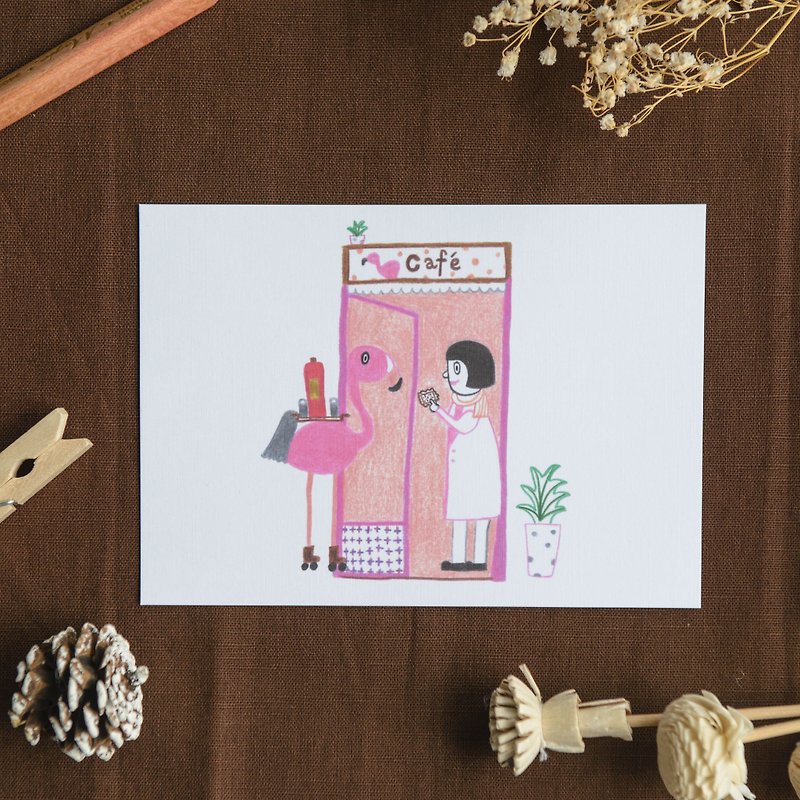 紅鶴咖啡屋 插畫故事明信片 - 卡片/明信片 - 紙 粉紅色