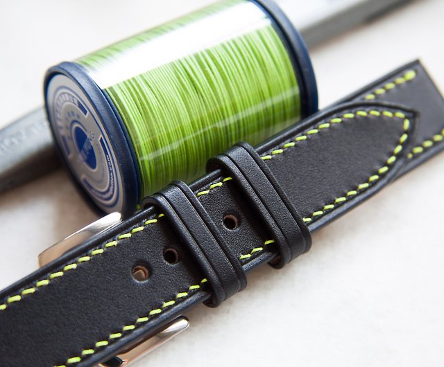 Black leather watch strap with light green stitch - Shop Teckel
