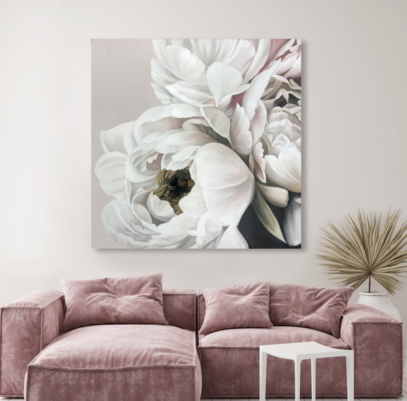 Peony Painting | Peony painting original | Floral original | Gray Silk Peonies - 壁貼/牆壁裝飾 - 棉．麻 灰色