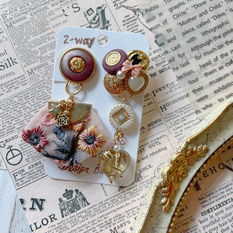 wow Handmade-錦繡浮光/微醺 刺繡緞帶 2way鈕扣耳環 - 耳環/耳夾/耳骨夾 - 其他材質 