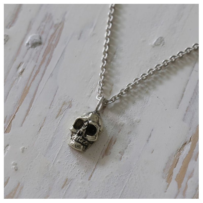 skull Vintage silver Pendant Necklace handmade tiny gift her - Necklaces - Other Metals Silver