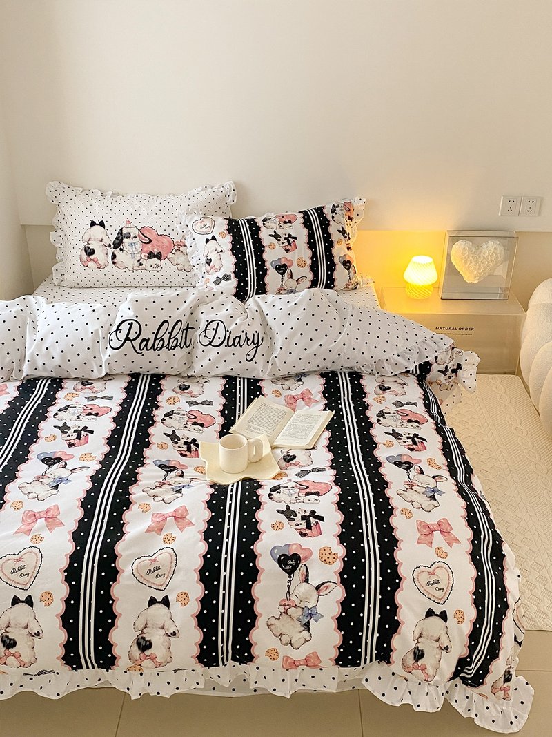 Black Lolita Bunny Diary Series 100% Cotton Ruffles Embroidered Stitching Bedding Four-piece Set - Bedding - Cotton & Hemp Black