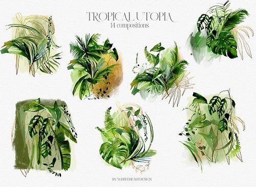 Whiteheartdesign Tropic Greenery Watercolor Floral Clipart Green Tropical Leaves Arrangement