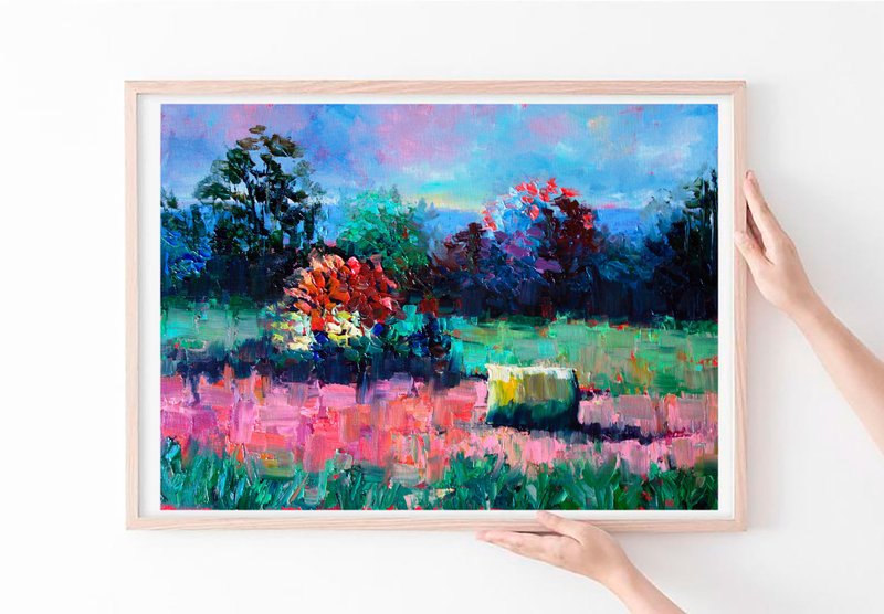 Wildflower Painting Oil Meadow Original Art 油畫原作 Landscape Artwork - 海報/掛畫/掛布 - 顏料 多色