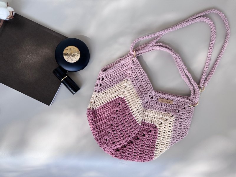 Balloon Bag Crocheted Vegetable Basket Shoulder Bag Handbag Side Backpack - Pink Three Color Gradient Balloon Bag - กระเป๋าถือ - ผ้าฝ้าย/ผ้าลินิน สึชมพู