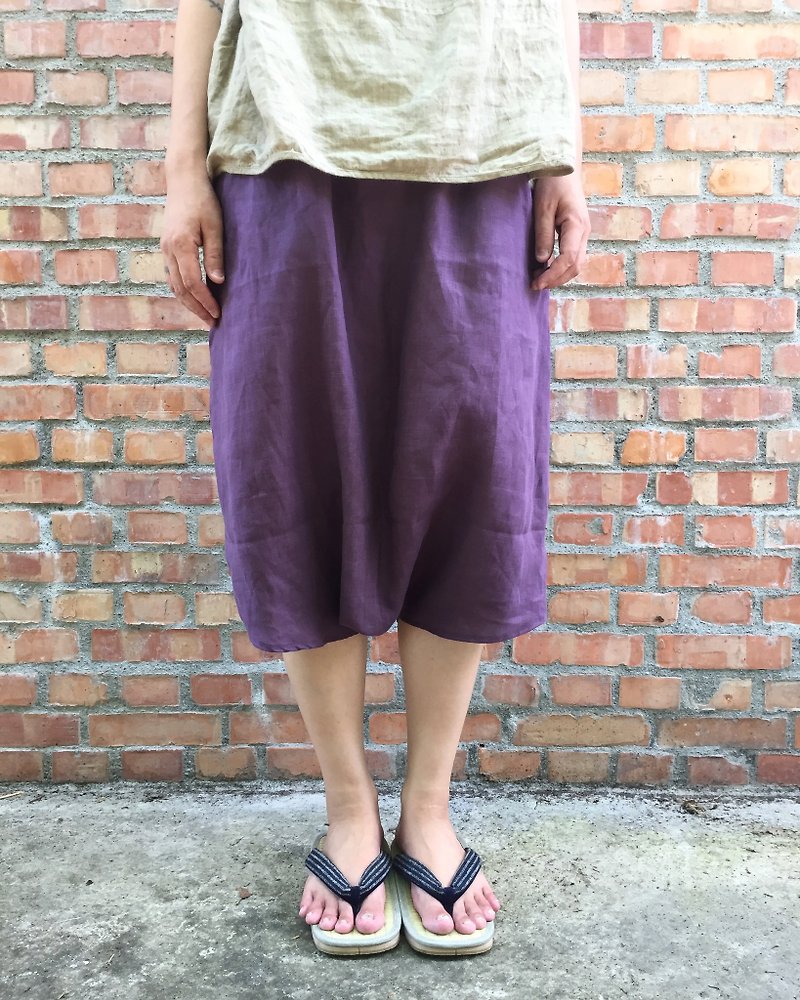 純亞麻 日式富士型口袋褲 嚴選20色亞麻布 - 女長褲 - 棉．麻 紫色
