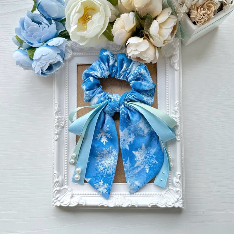 棉布長尾蝴蝶結髮圈大腸圈髮飾-燙銀雪花 - 髮夾/髮圈 - 其他材質 藍色