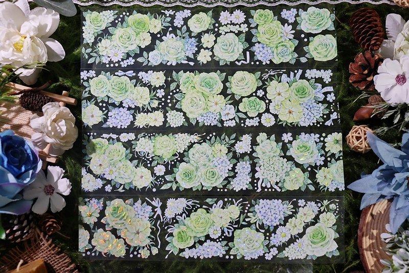 OKMT新七天小清新綠色玫瑰流麻咕卡貼紙PET手帳手賬膠帶 翠影幽香 - 紙膠帶/和紙/PET - 塑膠 綠色