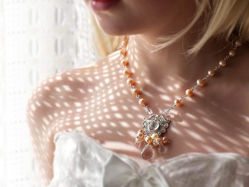 珍珠 項鍊 粉紅色 - Pearl necklace for woman Unique bridal necklace Crystal bridal wedding jewelry