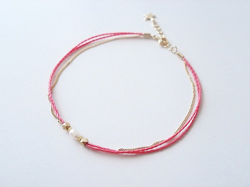 fresh water pearl and metal beads, cord anklet (cherish pink) - กำไลข้อเท้า - ไข่มุก สีแดง