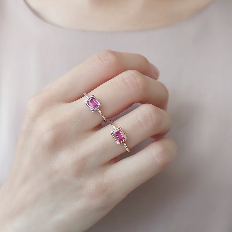 Natural Pink Sapphire Art Deco Diamond Pave 18K White, Yellow Solid Gold Ring - แหวนทั่วไป - เครื่องเพชรพลอย สึชมพู