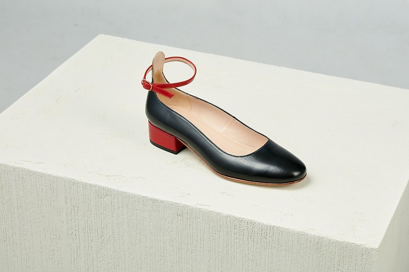 3.4 Ankle Strap Heel Shoes-Black - รองเท้าบัลเลต์ - หนังแท้ สีดำ