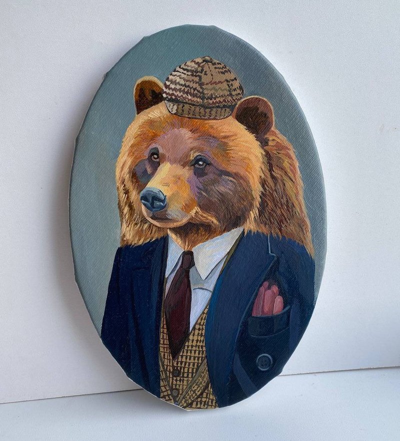 Bear oil painting Wall painting/children's room decoration Animal Oil Painting - 壁貼/牆壁裝飾 - 棉．麻 多色