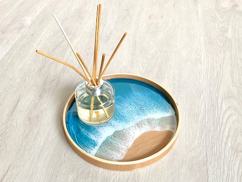 Edith Mak • Fluid Artist 21cm Wood Tray, Blue Diamond, Wedding Gift, Home Gift