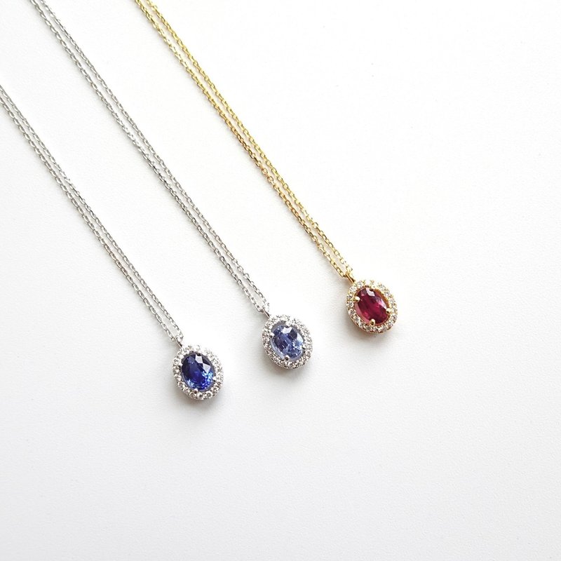 Natural Sapphire Ruby Oval Cut Diamonds Halo 18K Solid Gold Dainty Necklace - สร้อยคอ - เครื่องเพชรพลอย หลากหลายสี