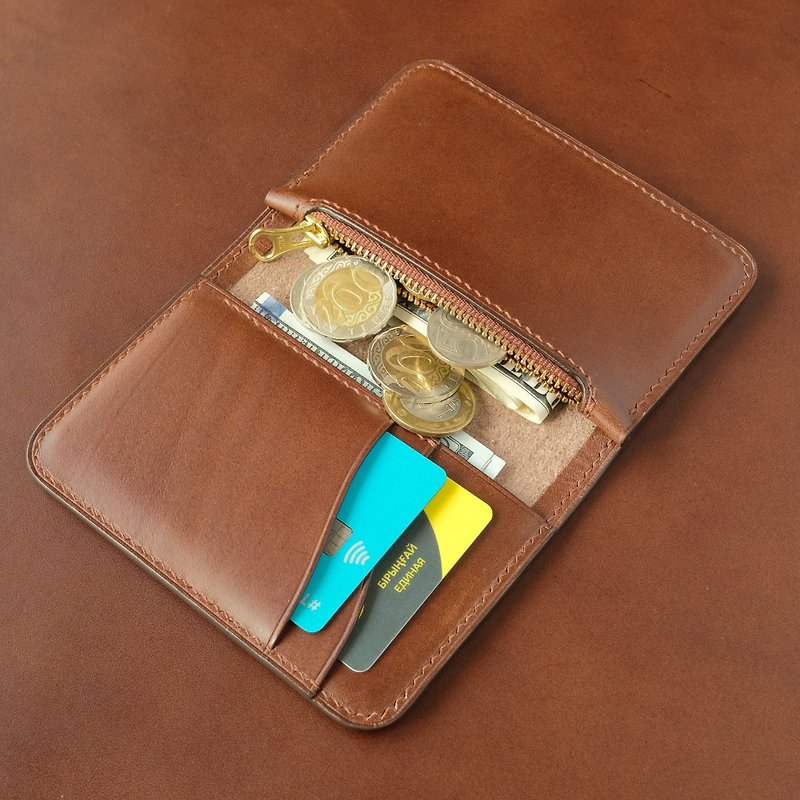 Handmade leather wallet mod. MINI ZIP POCKET / BROWN - Wallets - Genuine Leather Brown
