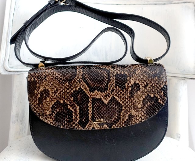 Trendy brand APC genuine leather imitation snake print black wrinkled leather semi circular box bag long shoulder strap handbag bag crossbody bag Shop Travel Genius Vintage store Messenger Bags Sling ...