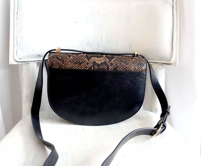 Solid high quality black genuine python snake Leather crossbody bag