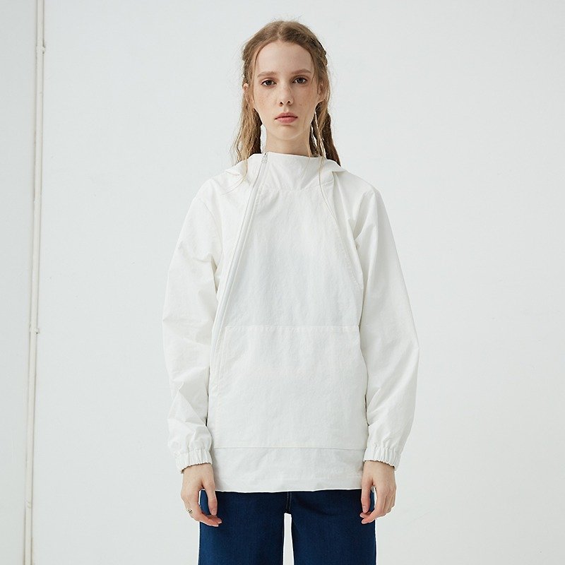 Diagonal zipper hooded sweater - เสื้อผู้หญิง - วัสดุอื่นๆ ขาว