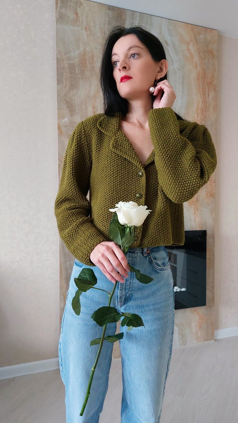 Short cardigan Double breasted coat Green sweater - 女上衣/長袖上衣 - 羊毛 